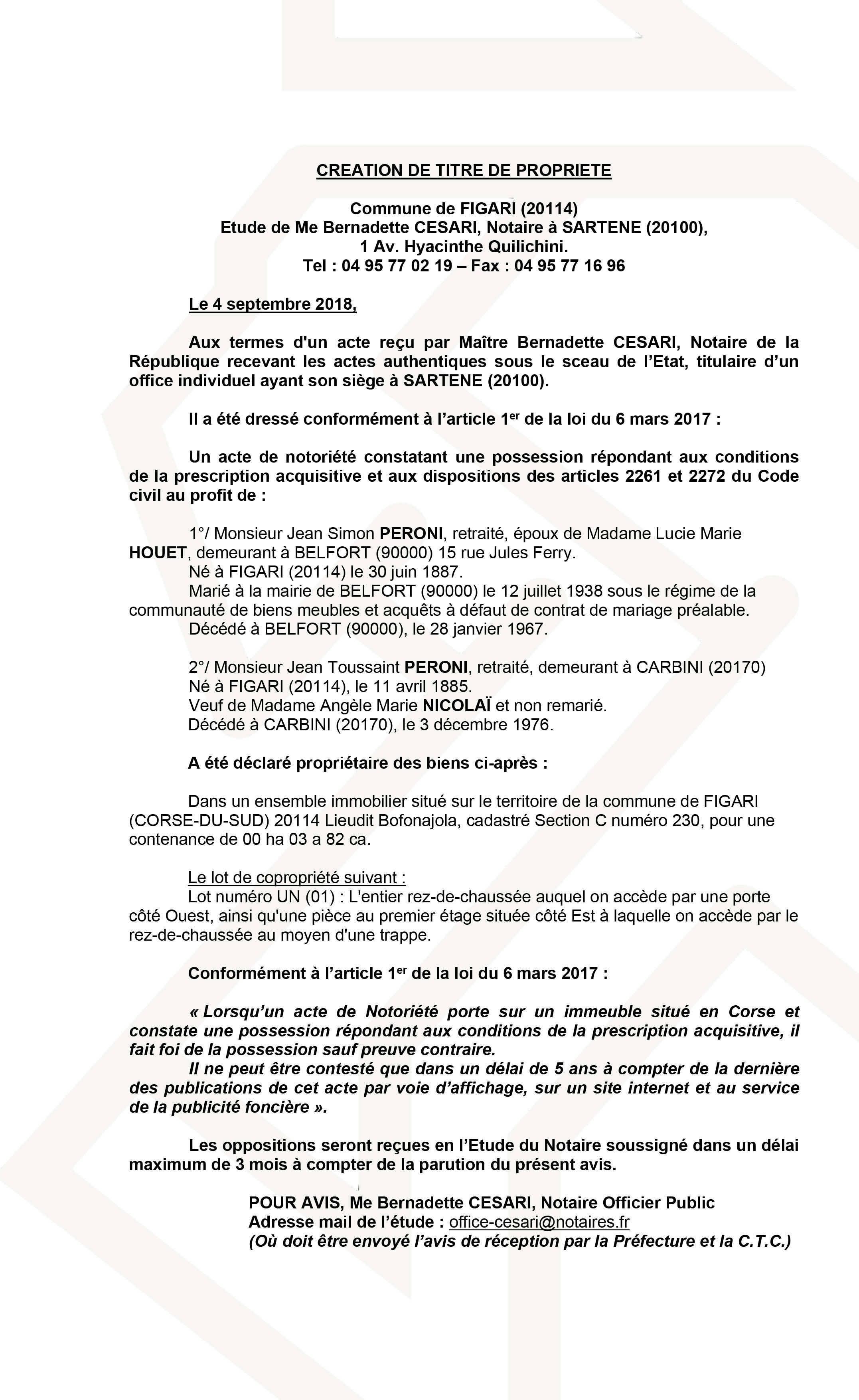 Avis de création de titre de propriété - commune de Figari (Corse du Sud)