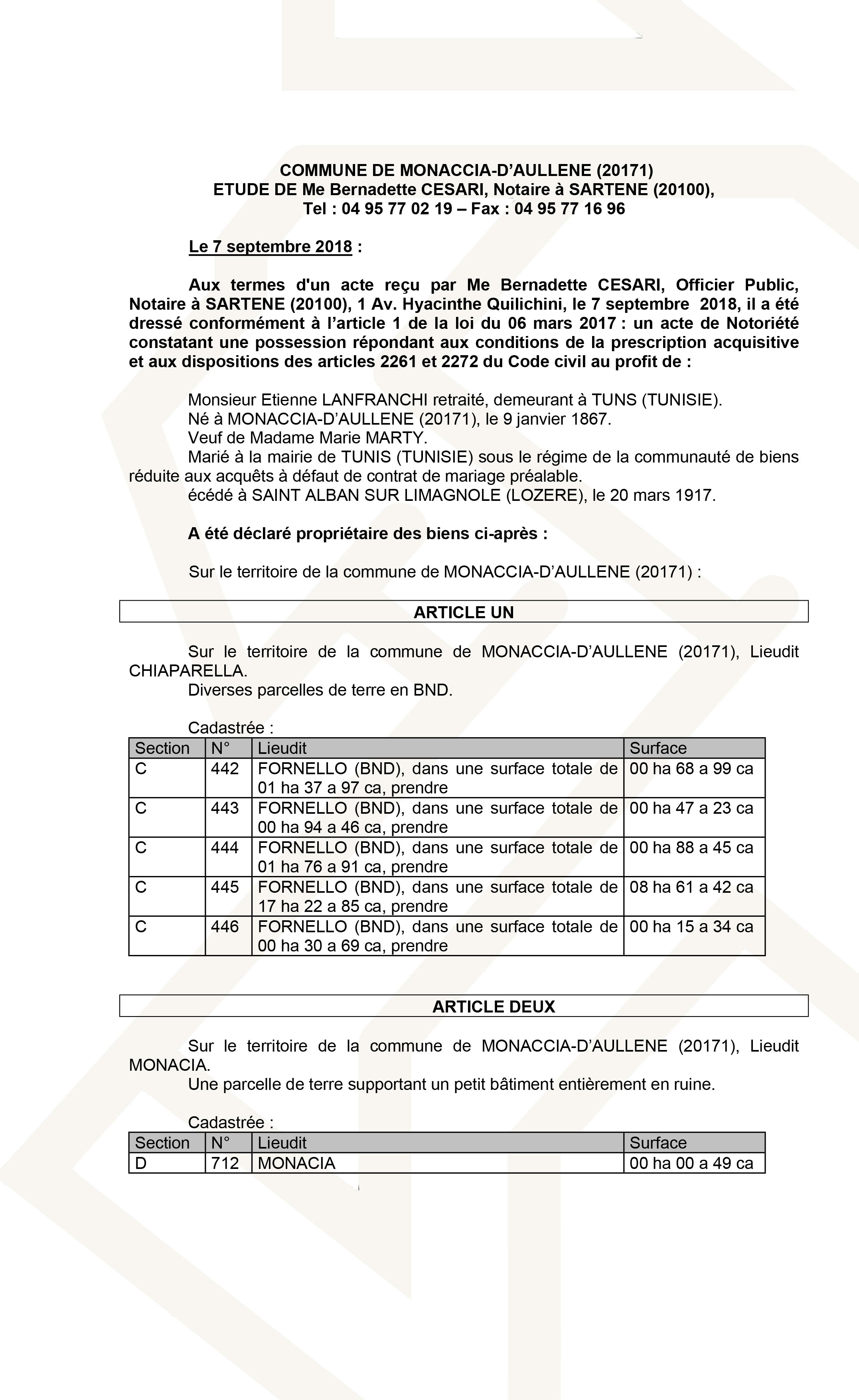 Avis de création de titre de propriété - commune de Monaccia-d'Aullène (Corse du Sud)
