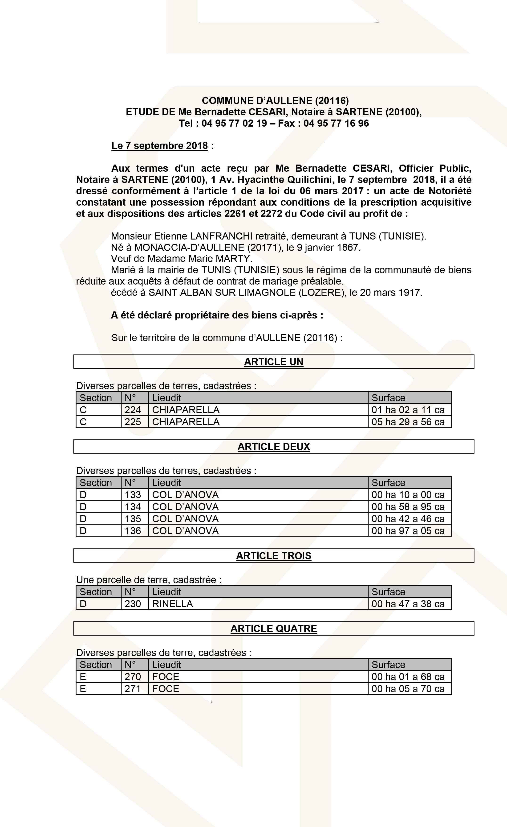 Avis de création de titre de propriété - commune d'Aullène (Corse du Sud)
