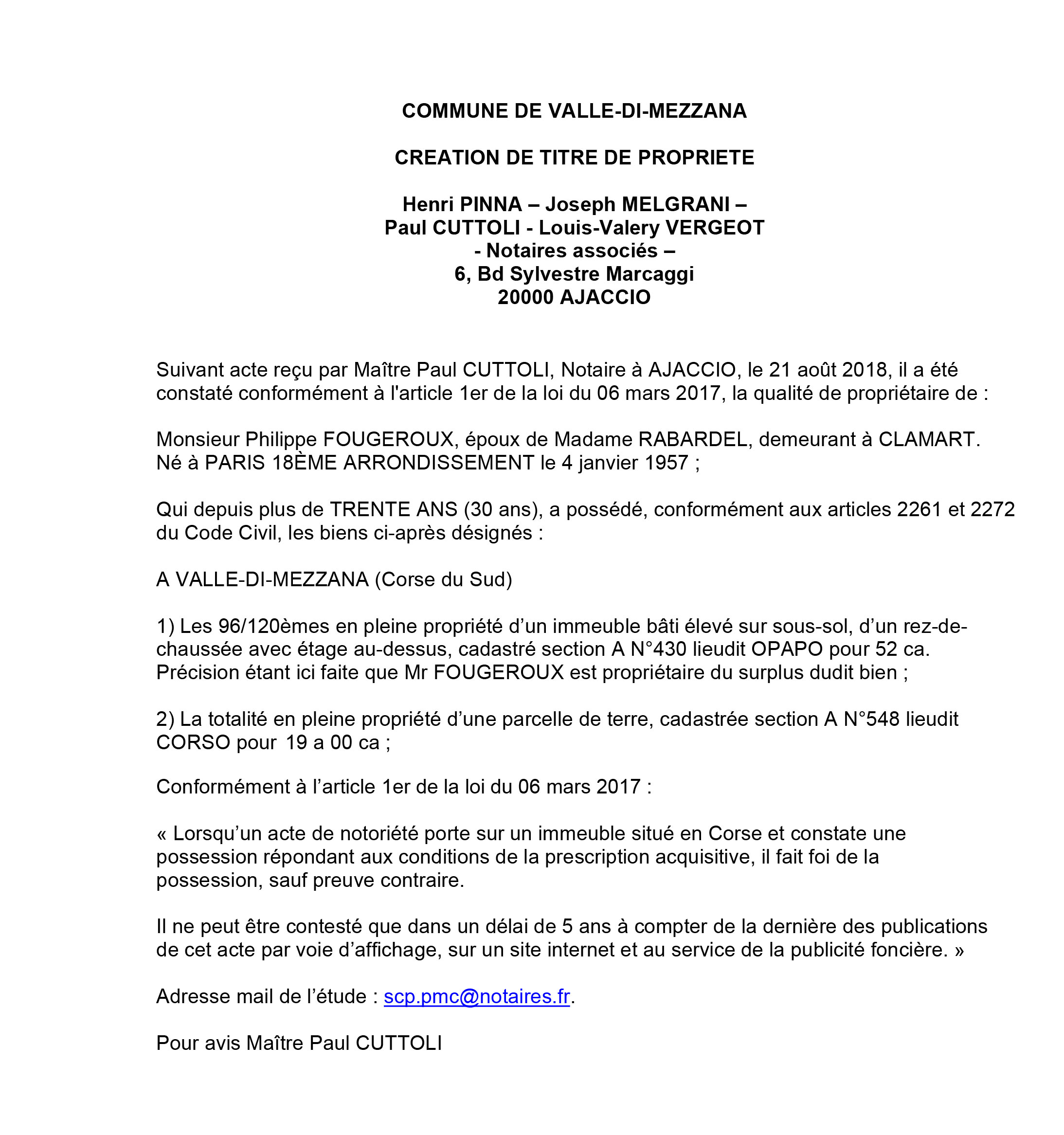 Avis de création de titre de propriété - commune Valle di Mezzana (Corse du Sud)