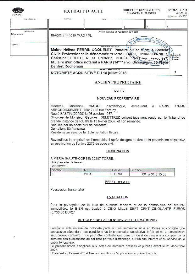Avis de création de titre de propriété - commune de Meria (Haute-Corse)