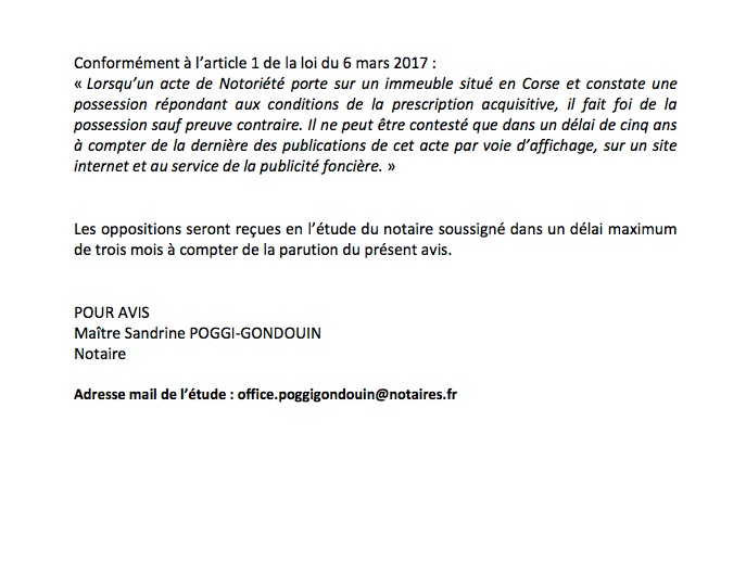 Avis de création de titre de propriété - commune de San Martino di Lota (Haute-Corse)