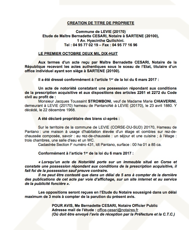 Avis de création de titre de propriété - commune de Levie (Corse du Sud)