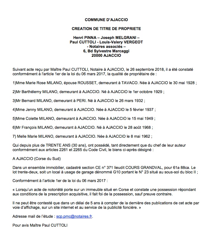 Avis de création de titre de propriété - commune d'Ajaccio (Corse du Sud)
