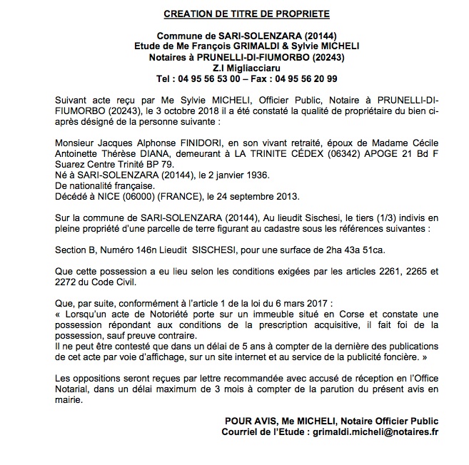 Avis De Creation De Titre De Propriete Commune De Sari
