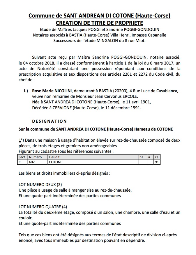 Avis de création de titre de propriété - commune de Sant Andrean di Cotone (Haute-Corse)