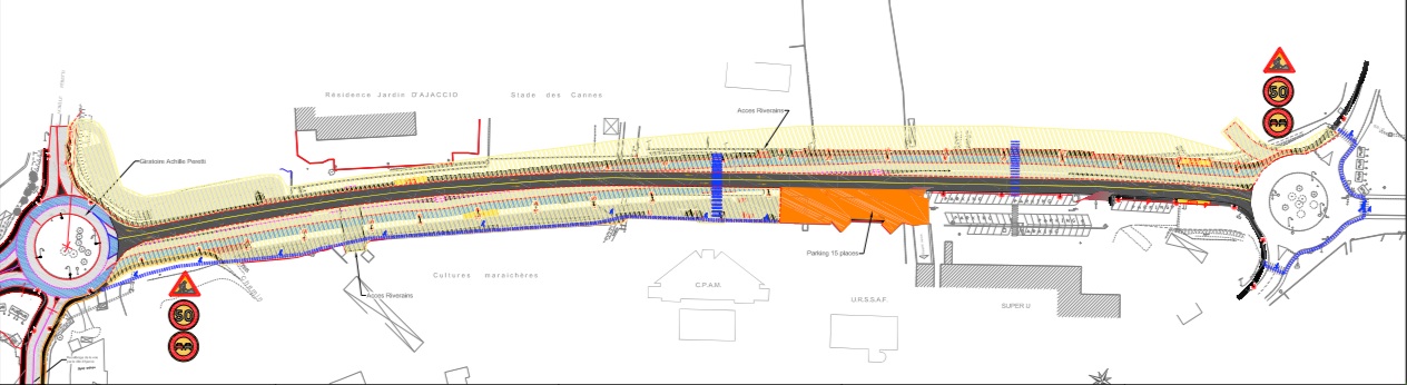 Les hachures jaunes correspondent aux zones de travaux
