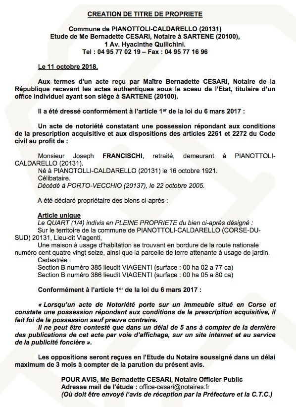 Avis de création de titre de propriété - commune de Pianottoli-Calderello (Corse du Sud)