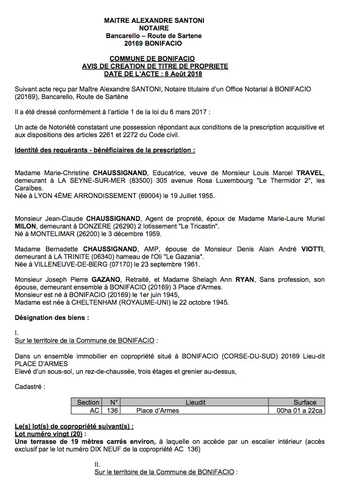 Avis de création de titre de propriété - commune de Bonifacio (Corse du Sud)