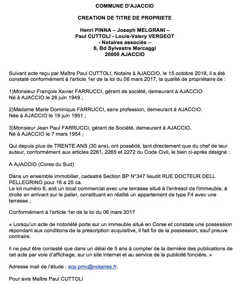 Avis de création de titre de propriété - commune d'Ajaccio (Corse du Sud)