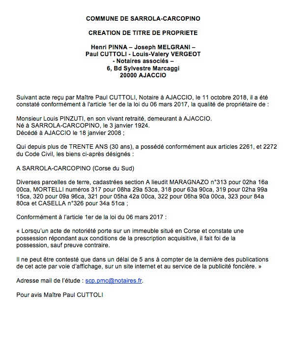 Avis de création de titre de propriété - commune de Sarrola-Carcopino (Corse du Sud)