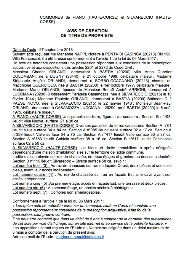 Avis de création de titre de propriété - communes de Piano et de Silvareccio (Haute-Corse)