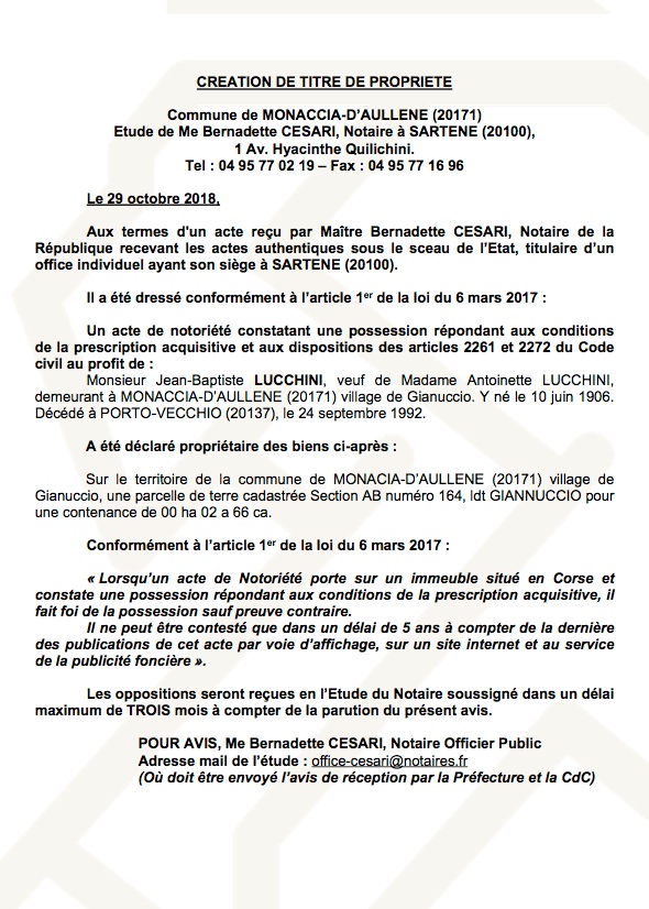 Avis de création de titre de propriété - commune de Monaccia d'Aullène (Corse du Sud)