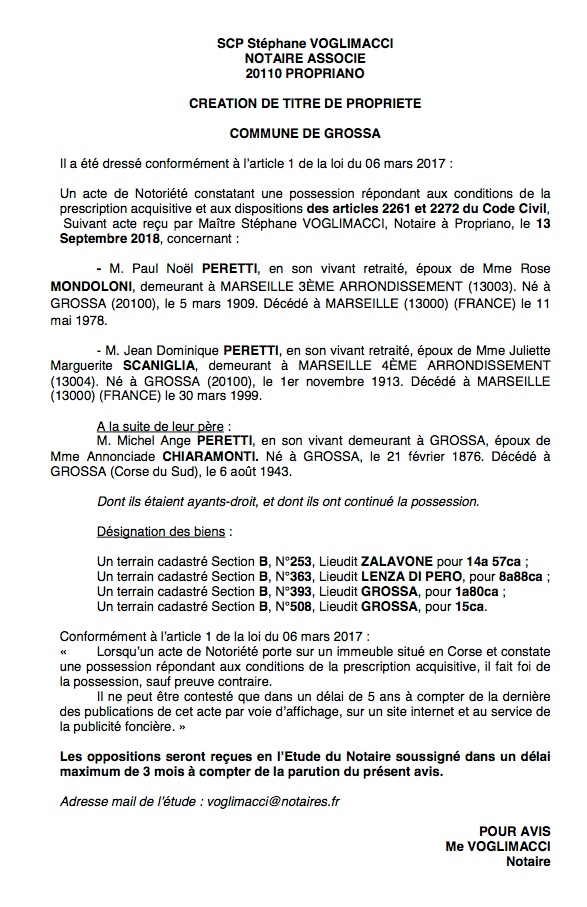 Avis de création de titre de propriété - commune de Grossa (Corse du Sud)