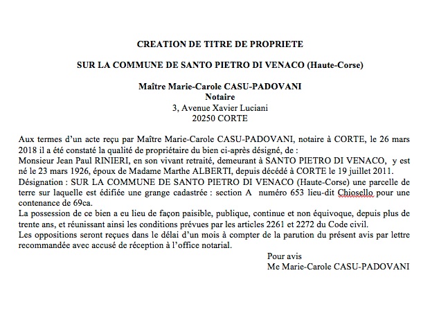 Avis de création de titre de propriété - commune de Santo Pietro di Venaco (Haute-Corse)