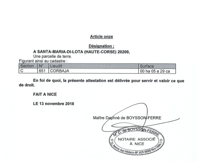 Avis de création de titre de propriété - commune de Santa Maria di Lota (Haute-Corse)