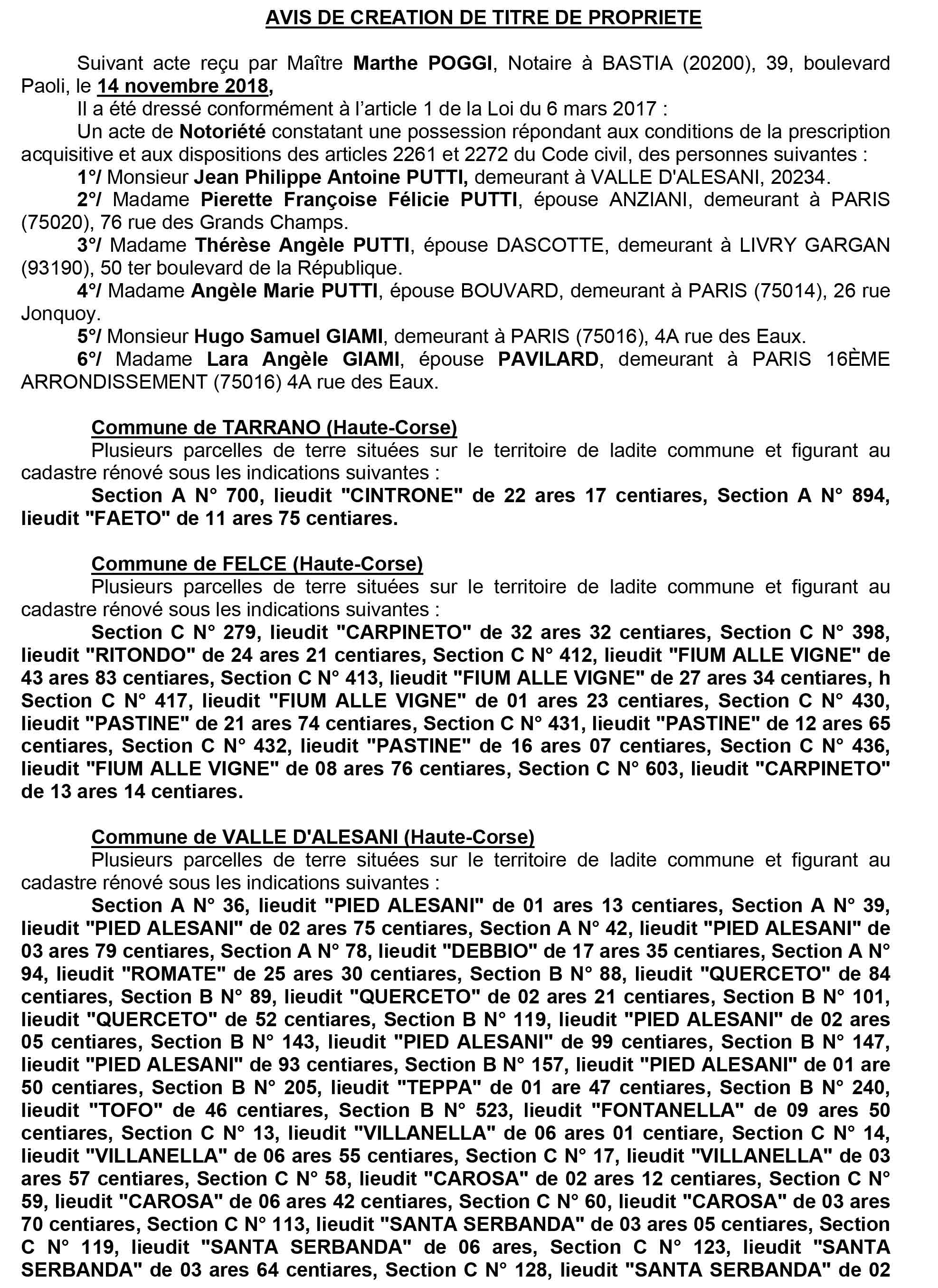 Avis de création de titre de propriété - communes de Tarrano, de Felce et de Valle d'Alesani (Haute-Corse)
