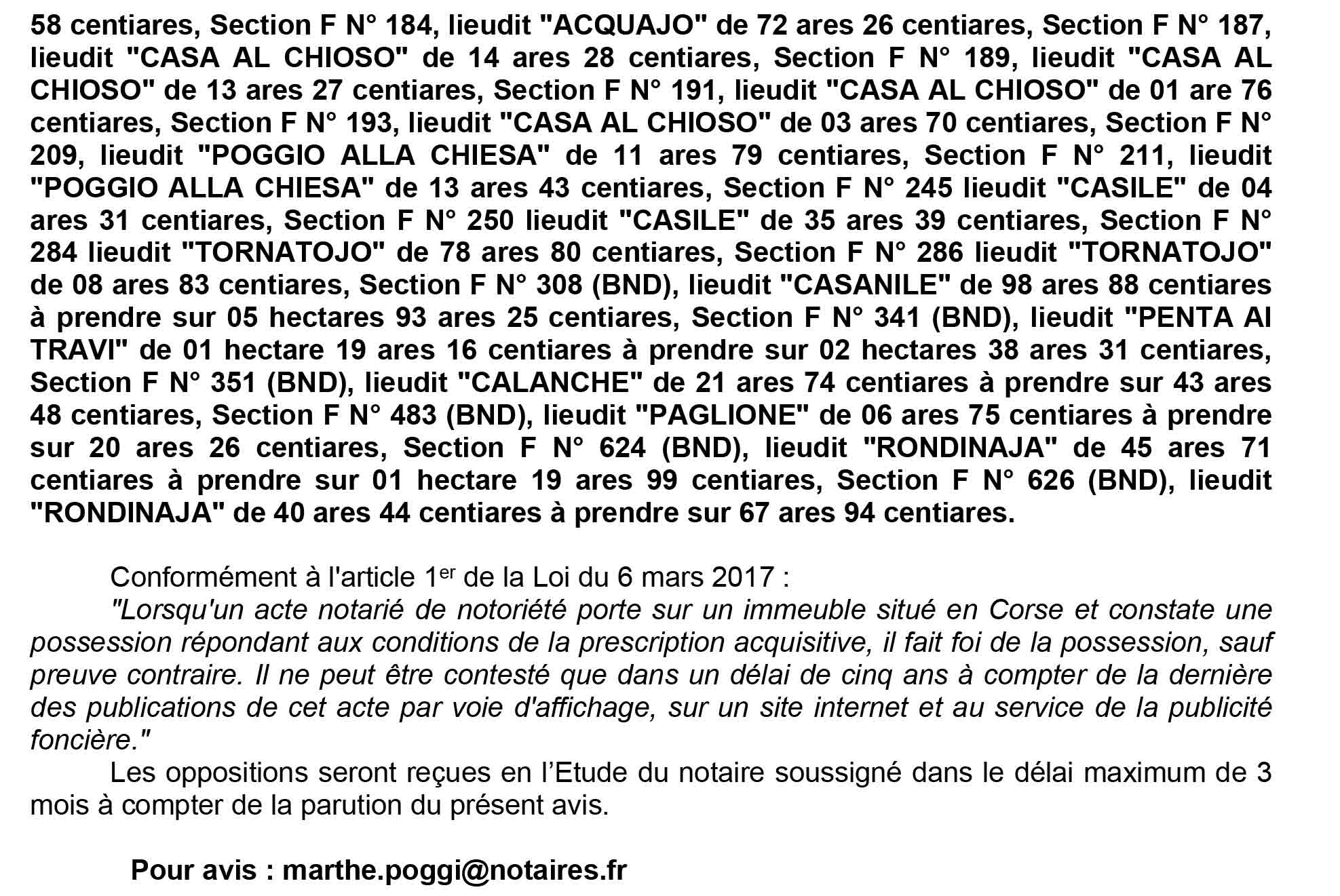 Avis de création de titre de propriété - communes de Tarrano, de Felce et de Valle d'Alesani (Haute-Corse)