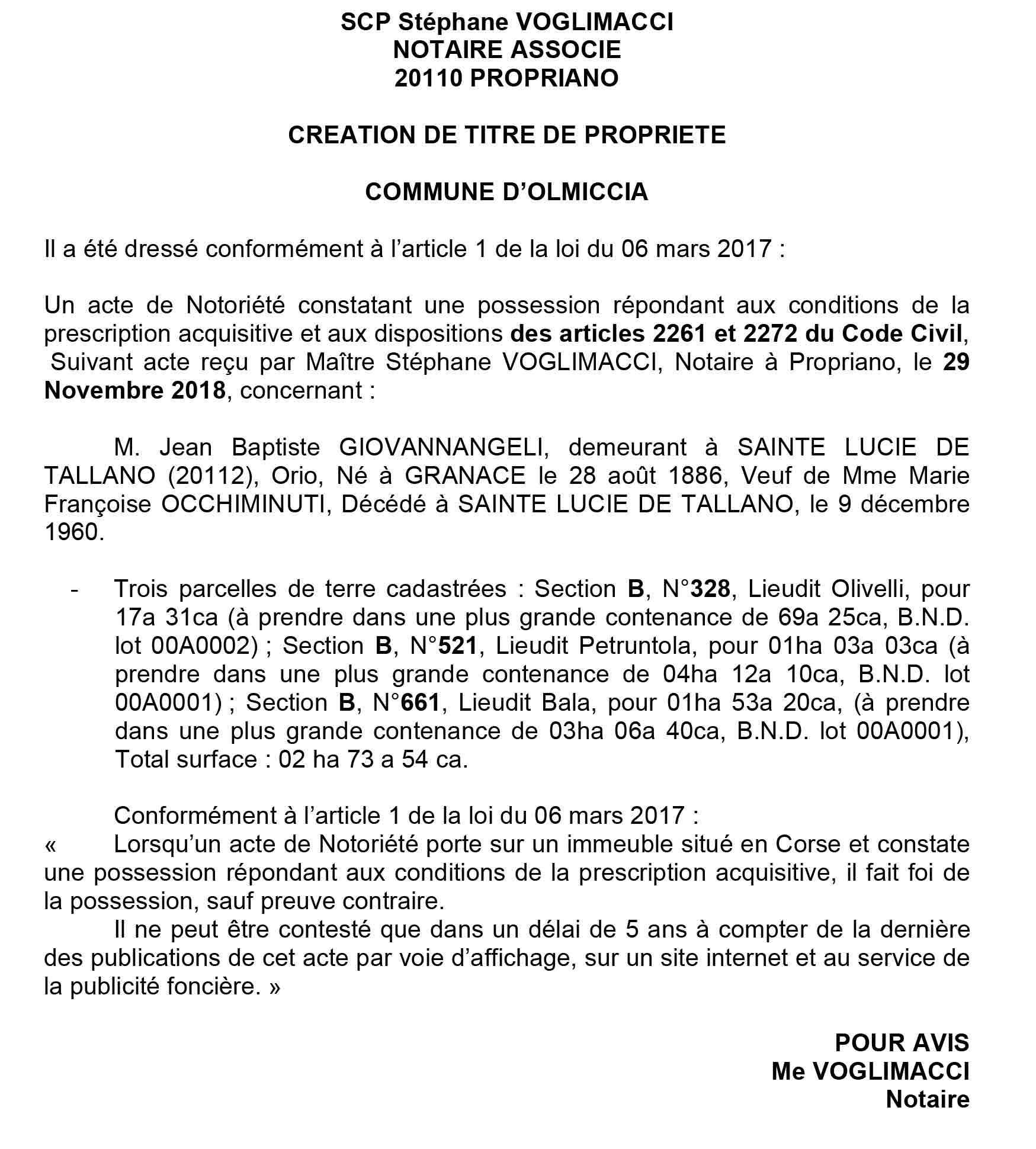 Avis de création de titre de propriété - commune d'Olmiccia (Corse du Sud)