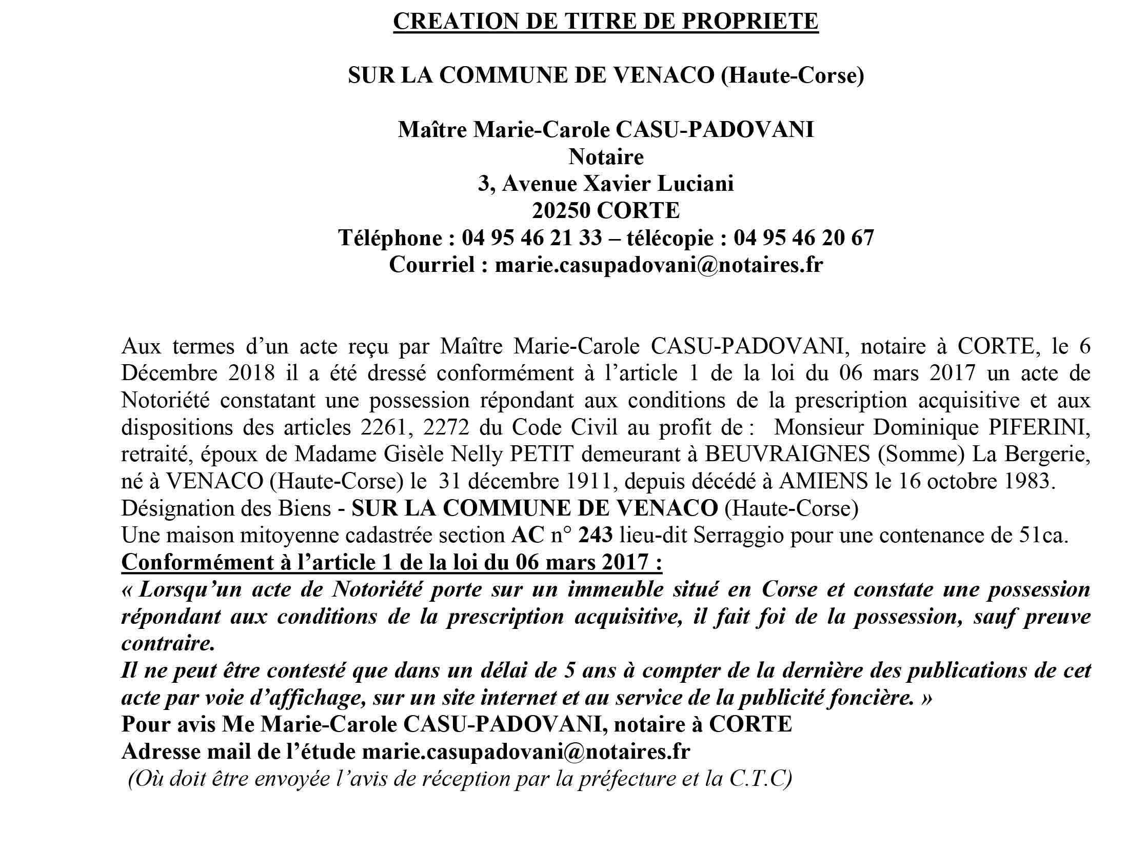Avis de création de titre de propriété - commune de Venaco (Haute-Corse)