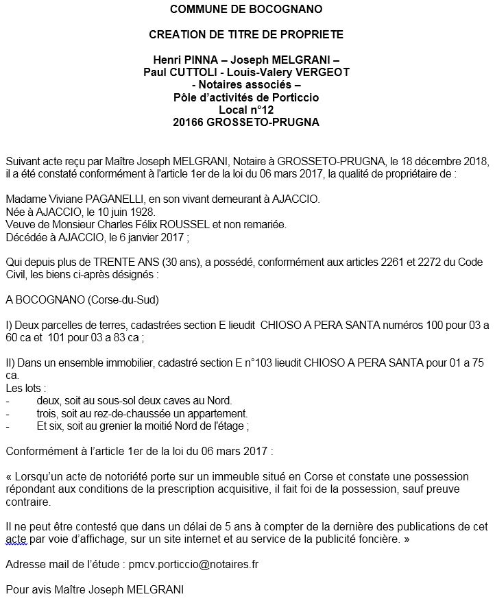 Avis de création de titre de propriété - commune de Bucugnà (Corse-du-Sud)