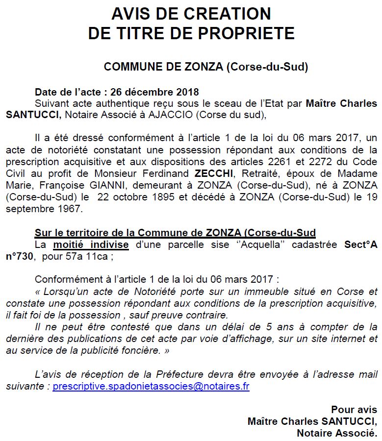 Avis de création de titre de propriété - commune de Zonza (Corse-du-Sud)