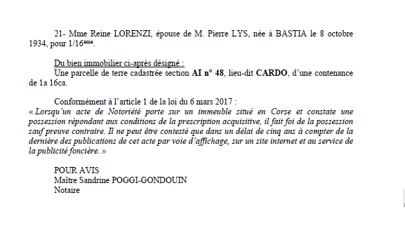 Avis de création de titre de propriété commune de Bastia (Haute-Corse)