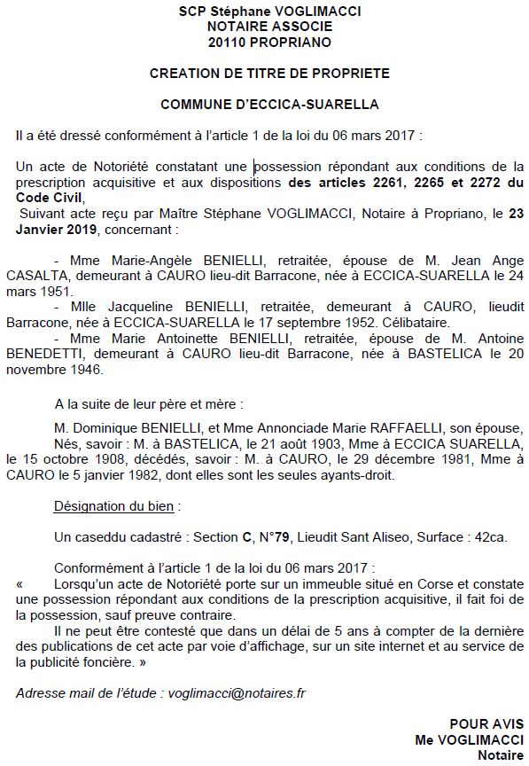 Avis de création de titre de propriété - commune d'Eccica Suarella