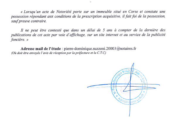 Avis de création de titre de propriété - communes de Coti-Chiavari et Campo (Corse-du-Sud)