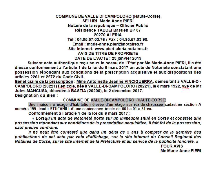 Avis de création de titre de propriété - commune de Valle di Campoloro (Haute-Corse)