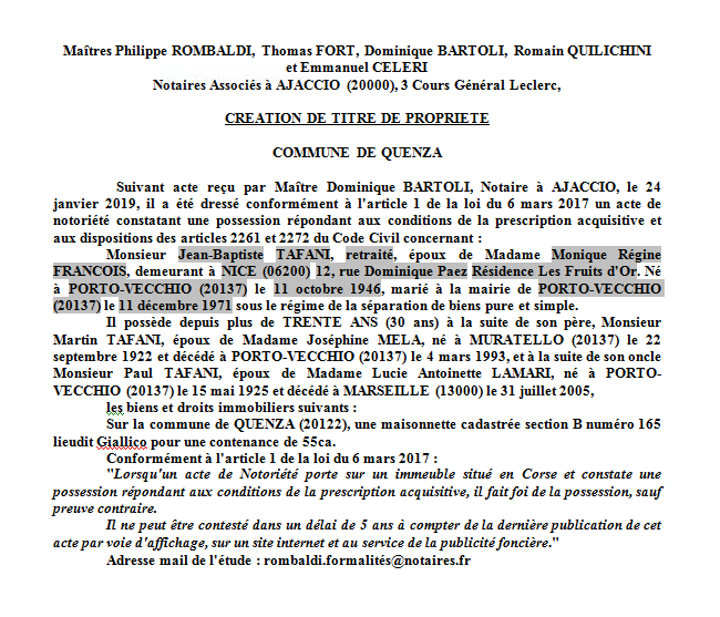 Avis de création de titre de proprieté - commune de Quenza (Corse-du-Sud)