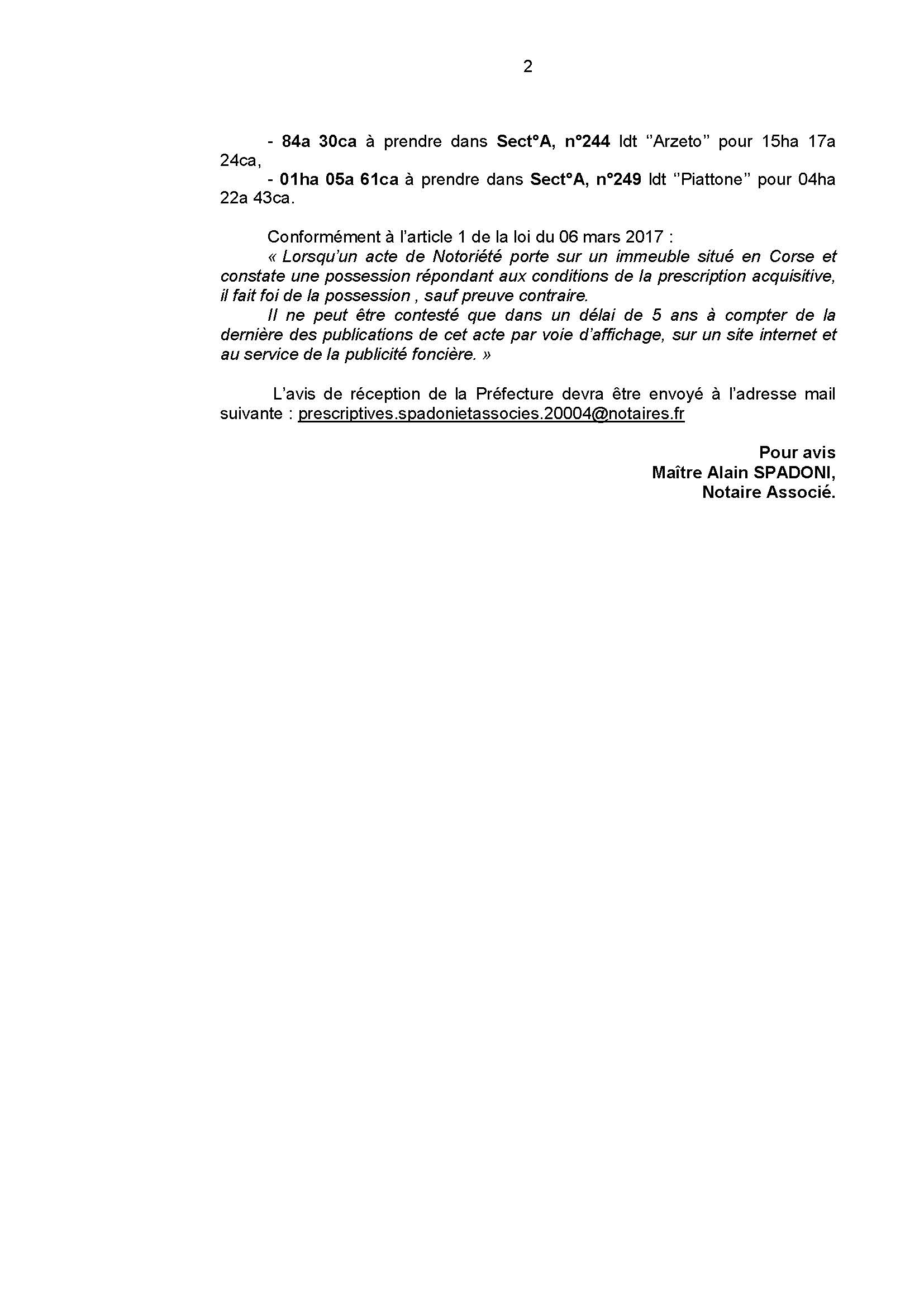 Avis de création de titre de propriété - commune de Carbini (Corse-du-Sud)