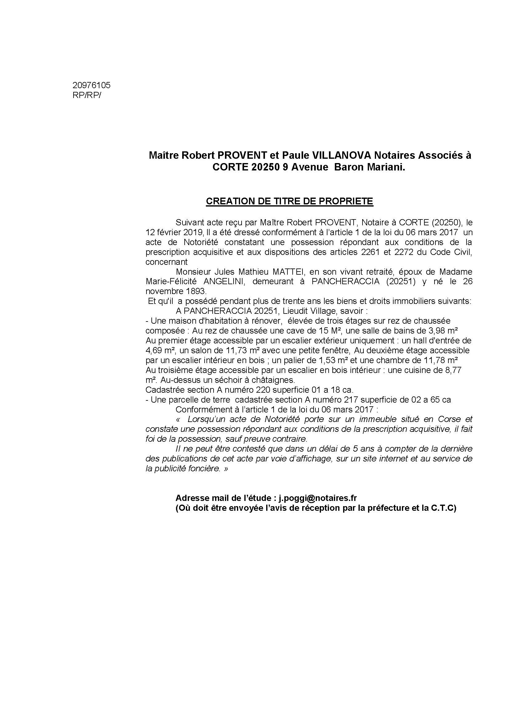 Avis de création de titre de propriété - commune de Pancheraccia (Haute-Corse)