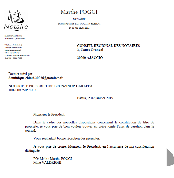 Avis de création de titre de propriété - commune de Ville di Pietrabugno (Haute-Corse)