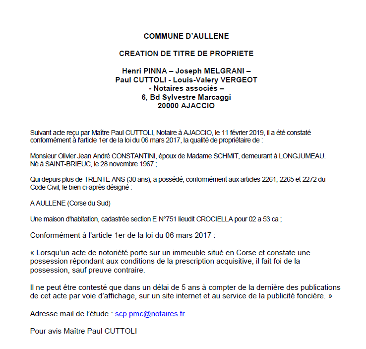 Avis de création de titre de propriété - commune d'Aullène (Corse-du-Sud)