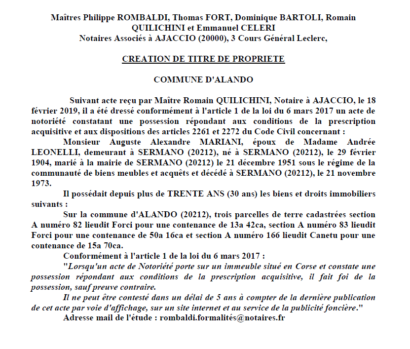 Avis de création de titre de propriété - commune d'Alando (Haute-Corse)