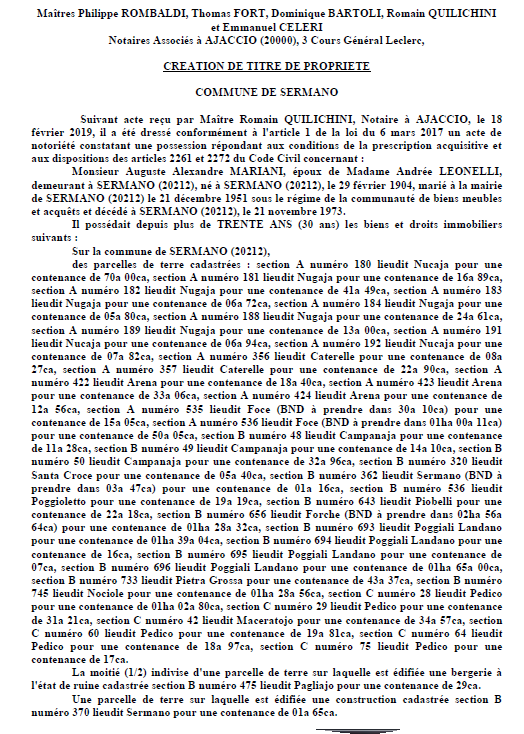 Avis de création de titre de propriété - commune de Sermano (Haute-Corse)