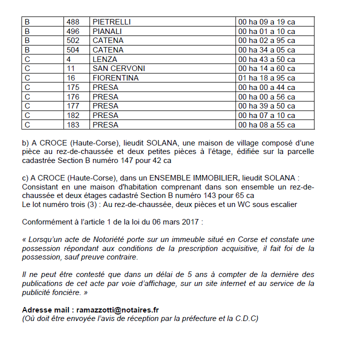 Avis de création de titre de propriété - commune de la Porta et Croce (Haute-Corse)