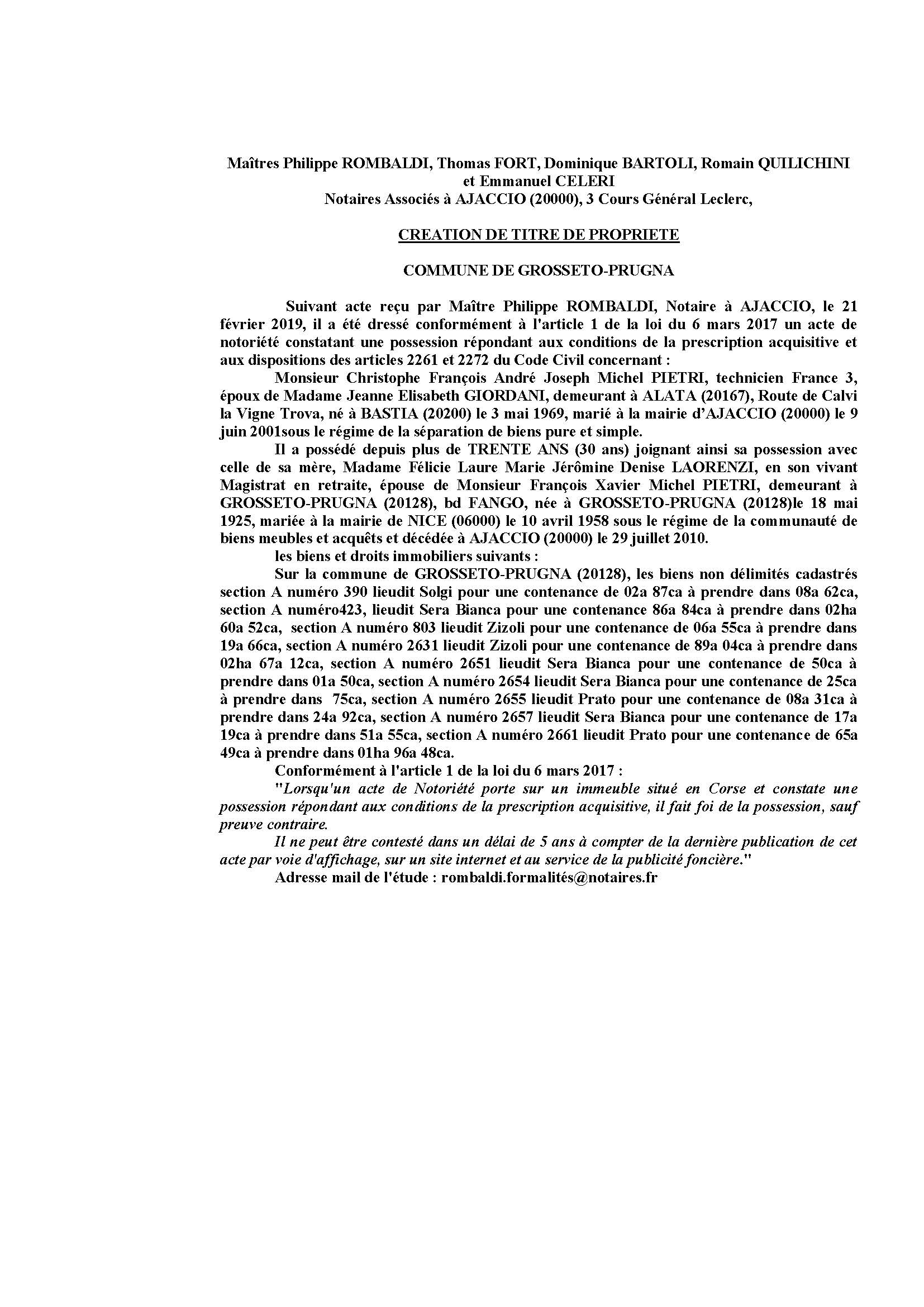 Avis de création de titre de propriété - commune de Grosseto-Prugna (Corse-du-Sud)