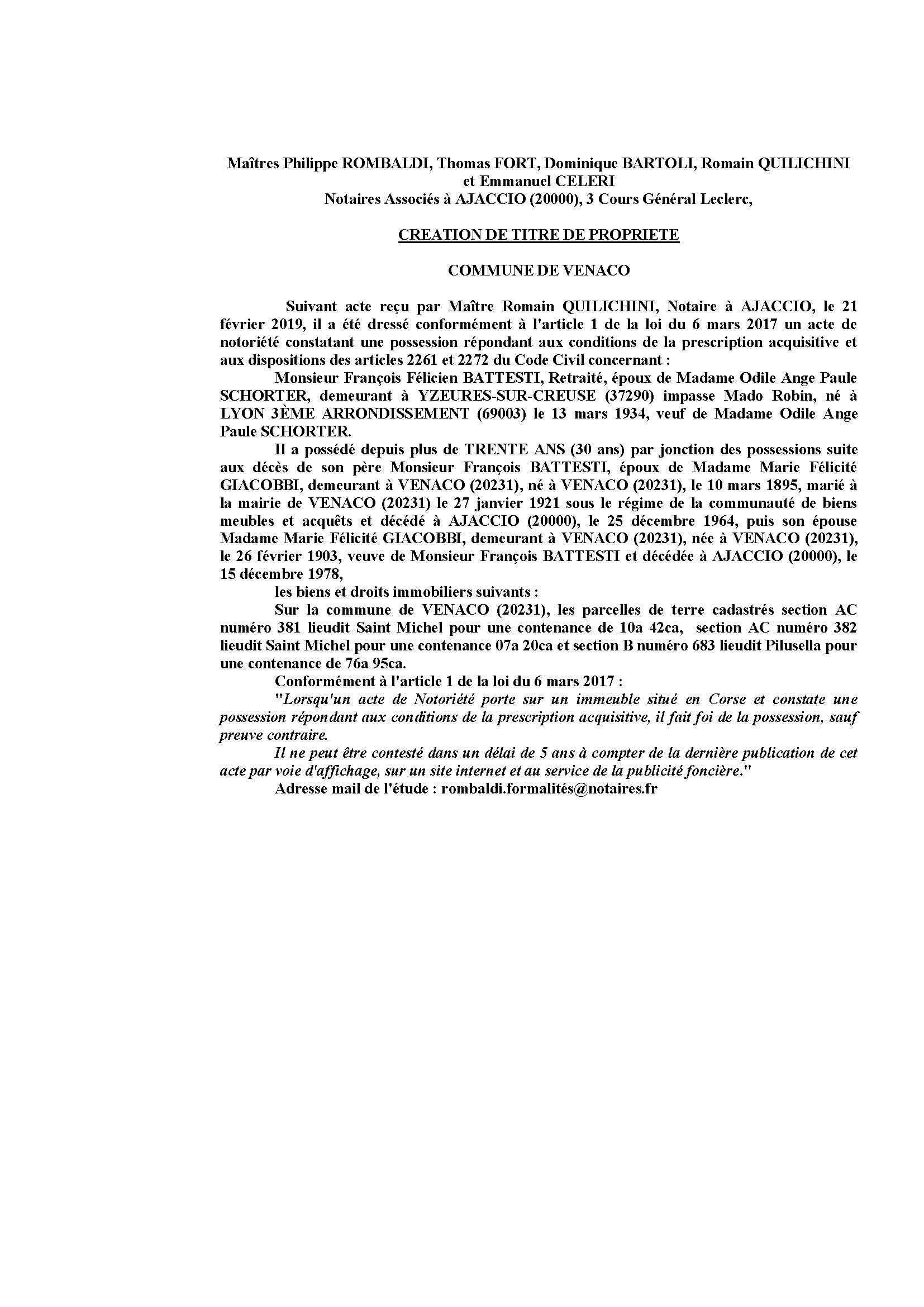 Avis de création de titre de propriété - commune de Venaco (Haute-Corse)