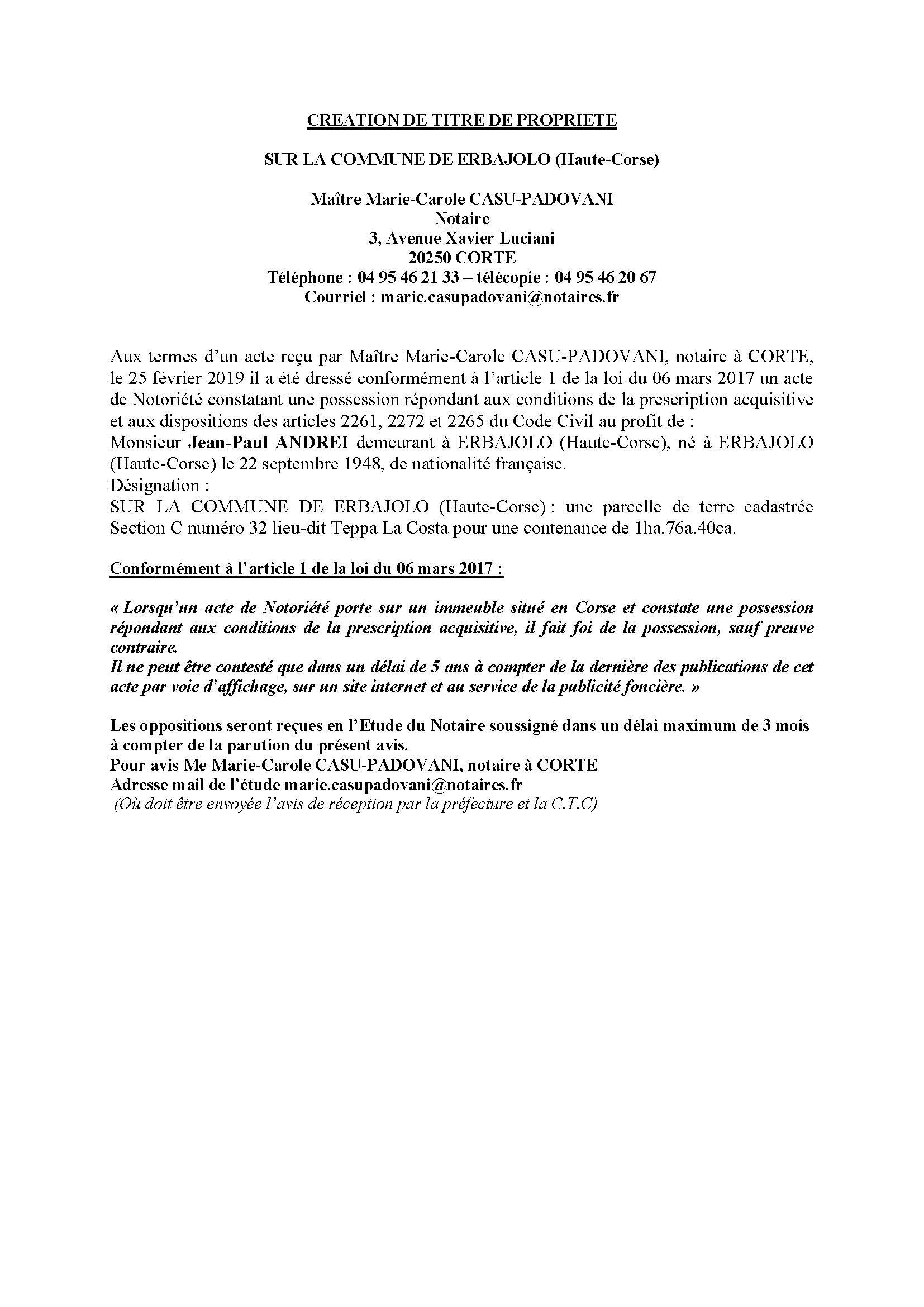 Avis de création de titre de propriété - commune de Erbajolo (Haute-Corse)