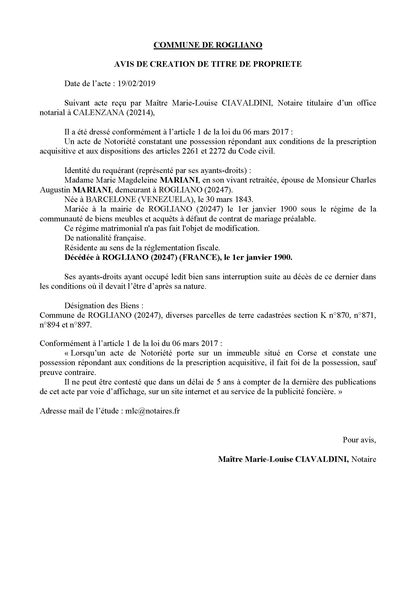 Avis de création de titre de propriété - commune de Rogliano (Haute-Corse)