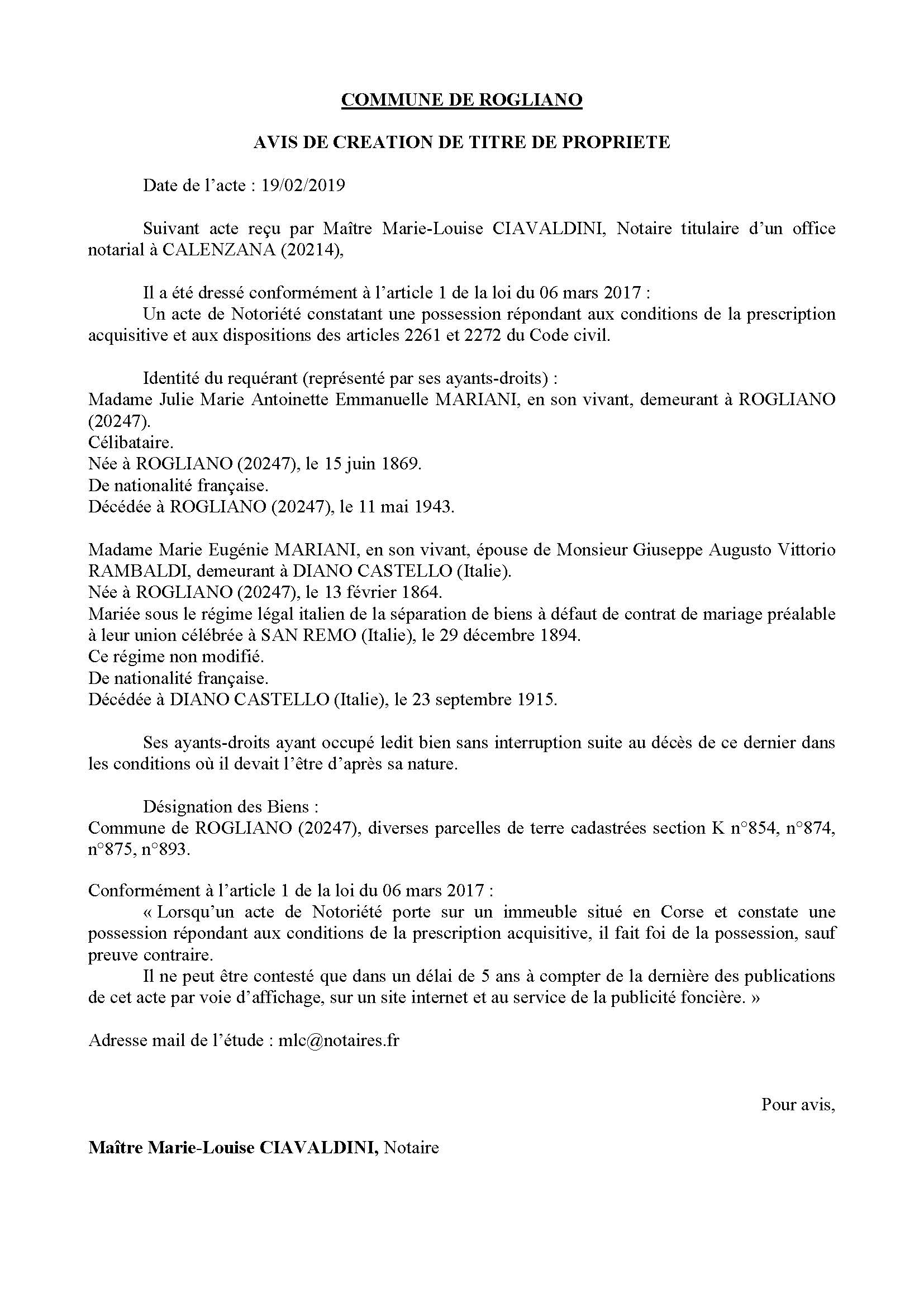 Avis de création de titre de propriété - commune de Rogliano (Haute-Corse)