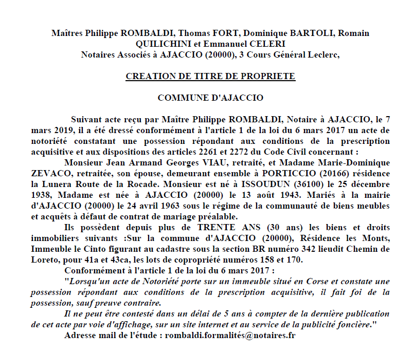 Avis de création de titre de propriété - commune de Coti-Chiavari (Corse-du-Sud)  Avis de création de titre de propriété - commune de Coti-Chiavari (Corse-du-Sud)