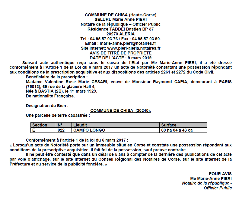 Avis de création de titre de proprieté - commune de Chisa (Haute-Corse)