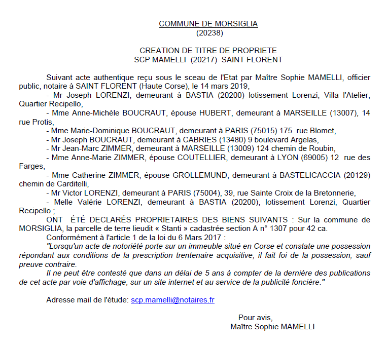 Avis de création de titre de proprieté - commune de Morsiglia (Haute-Corse)