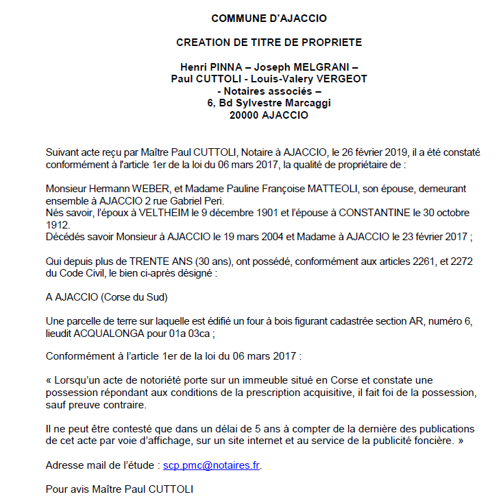 Avis de création de titre de proprieté - commune d'Ajaccio (Corse-du-Sud)