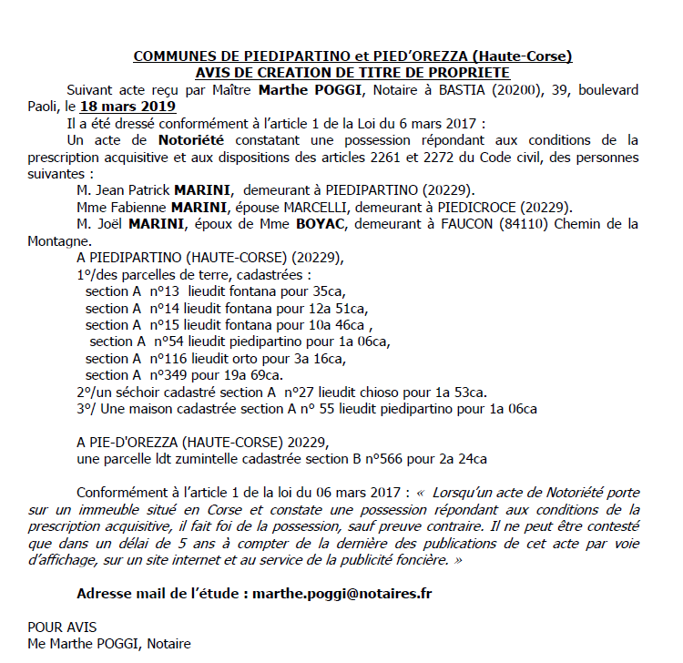 Avis de création de titre de propriété - commune de Piedipartino et Pied'Orezza (Haute-Corse)