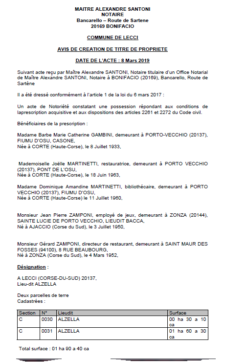 Avis de création de titre de propriété - commune de Lecci (Corse-du-Sud)