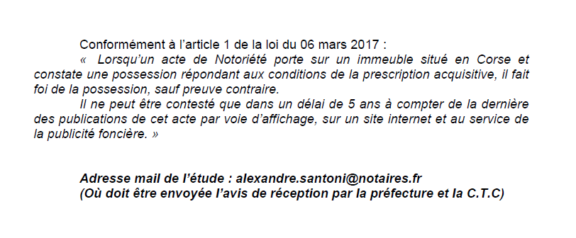 Avis de création de titre de propriété - commune de Lecci (Corse-du-Sud)